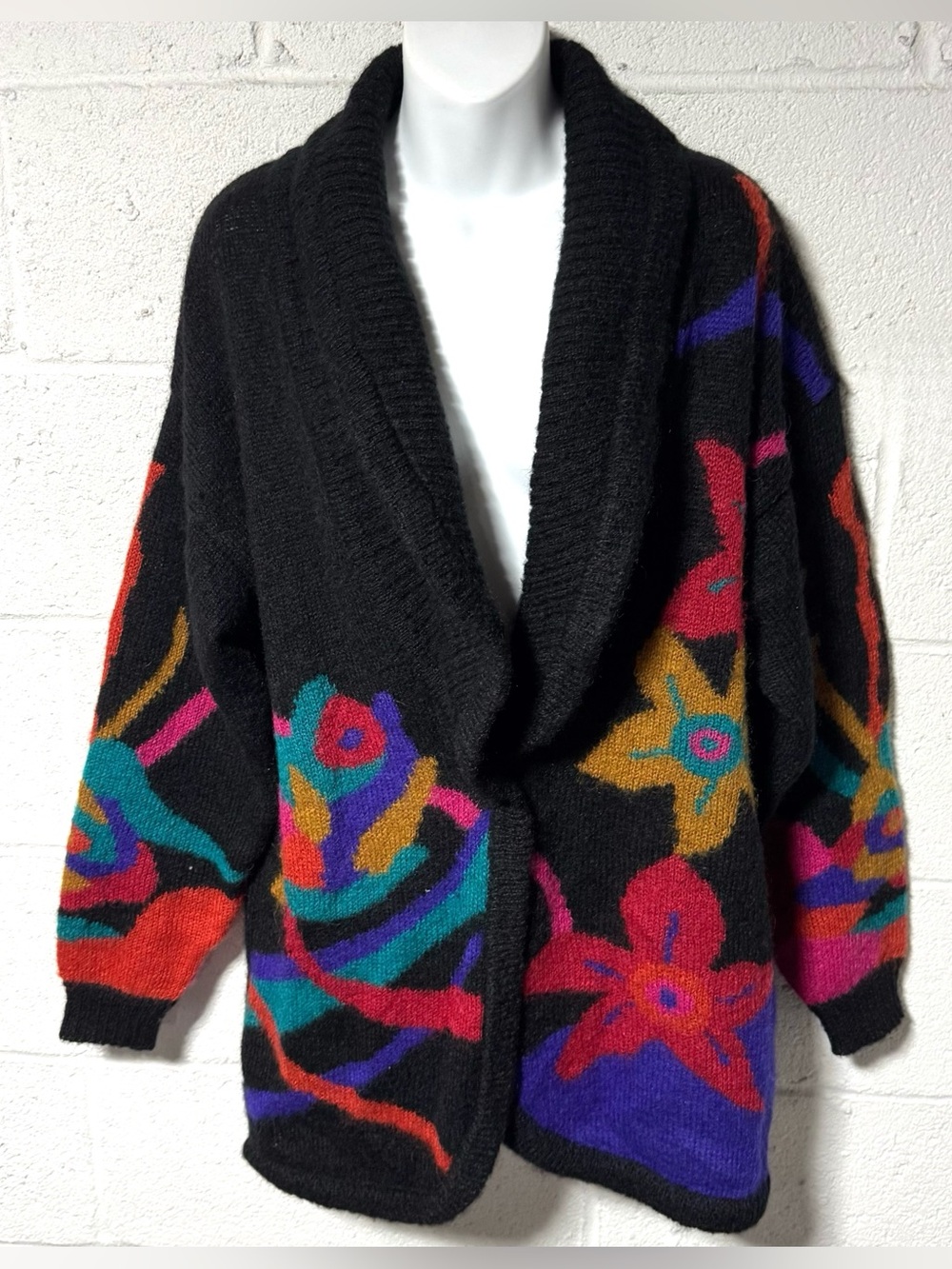 Vtg Rafaella Mohair Wool Shawl Longline Cardigan Sweater M Black Foral Artsy